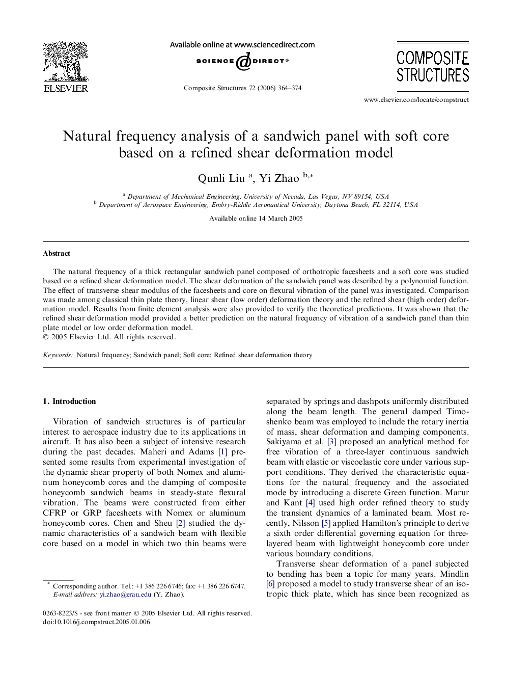 Natural frequency analysis of a sandwich panel with soft core based on a refined shear deformation model