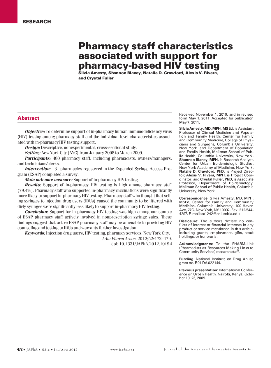 Pharmacy staff characteristics associated with support for pharmacy-based HIV testing