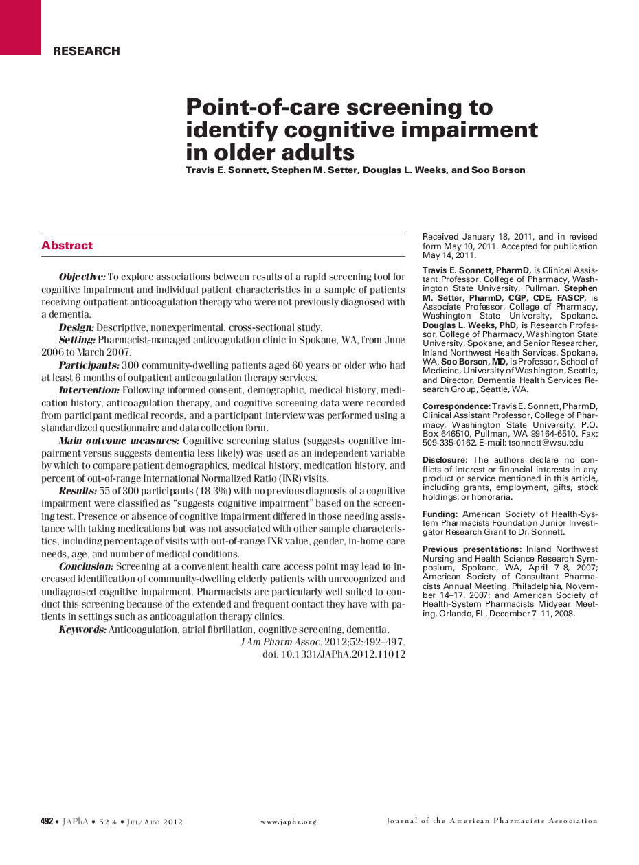 Point-of-care screening to identify cognitive impairment in older adults