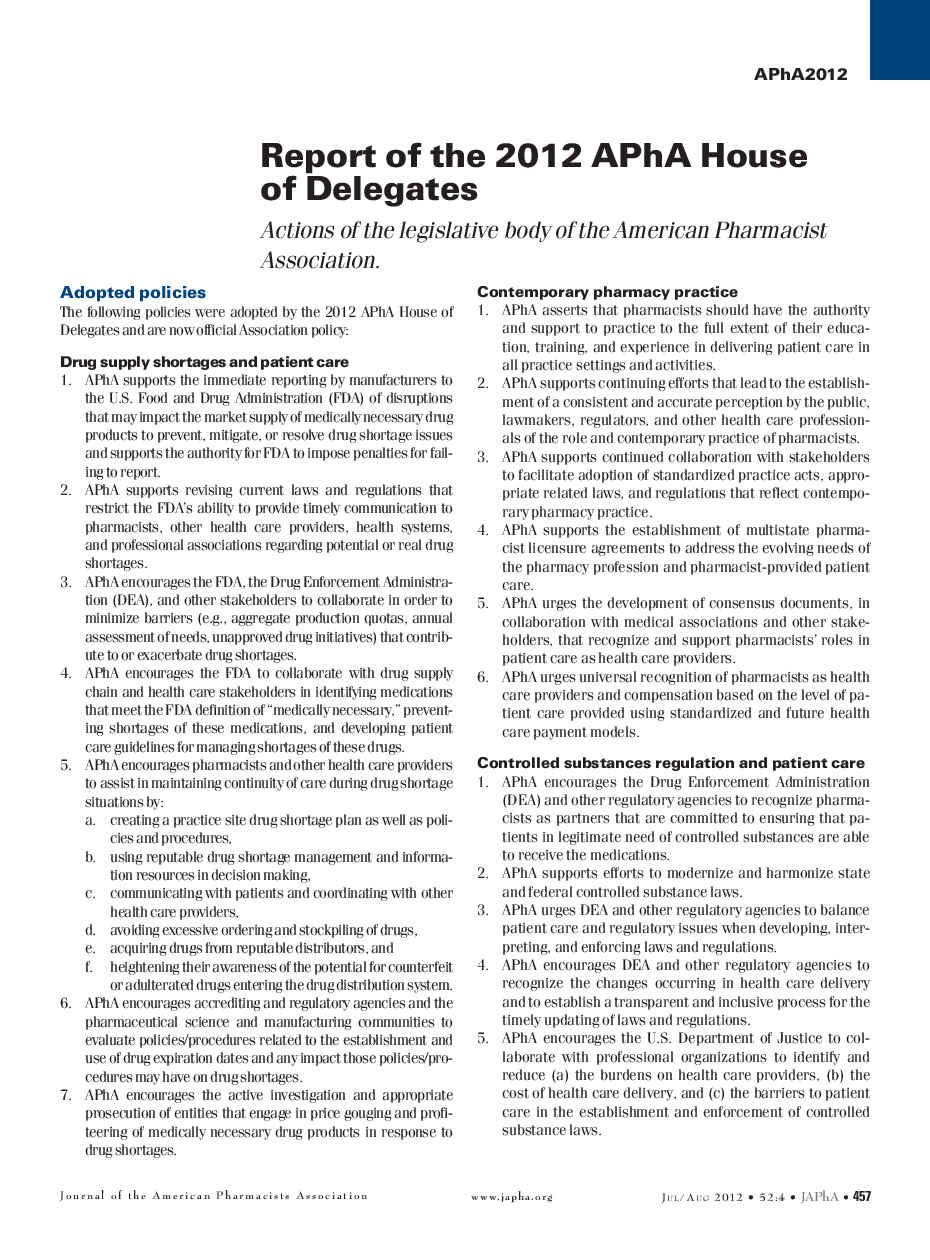 Report of the 2012 APhA House of Delegates: Actions of the legislative body of the American Pharmacist Association