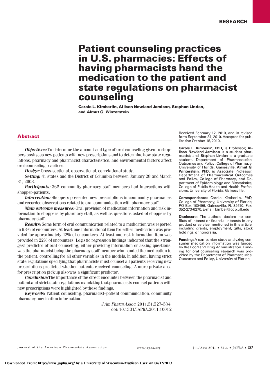 Patient counseling practices in U.S. pharmacies: Effects of having pharmacists hand the medication to the patient and state regulations on pharmacist counseling