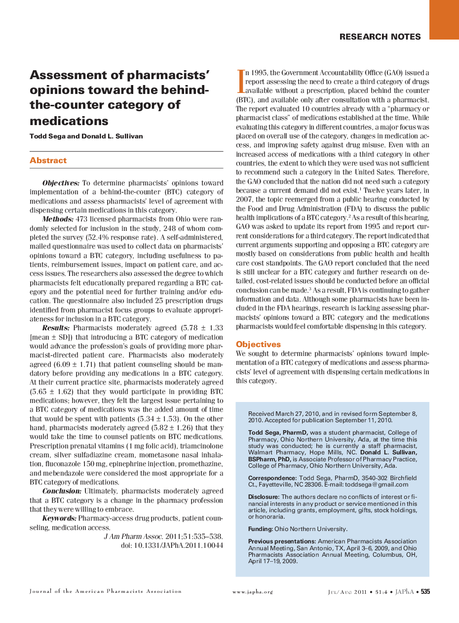 Assessment of pharmacists' opinions toward the behind-the-counter category of medications