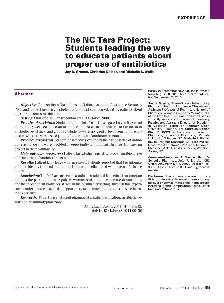 The NC Tars Project: Students leading the way to educate patients about proper use of antibiotics