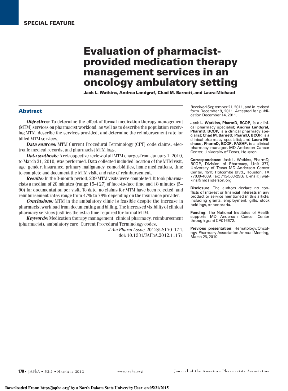 Evaluation of pharmacist-provided medication therapy management services in an oncology ambulatory setting