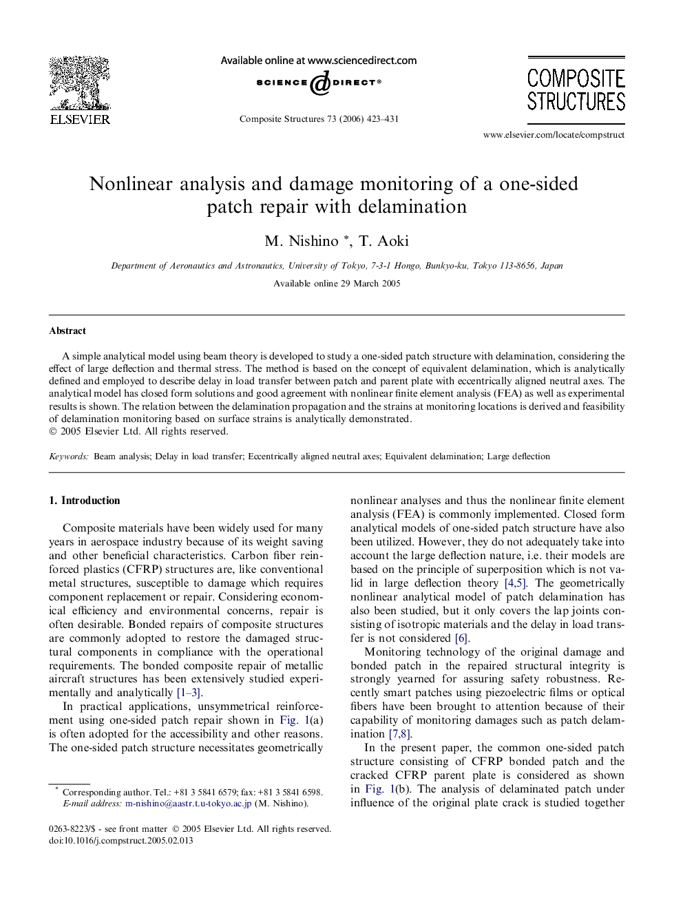 Nonlinear analysis and damage monitoring of a one-sided patch repair with delamination