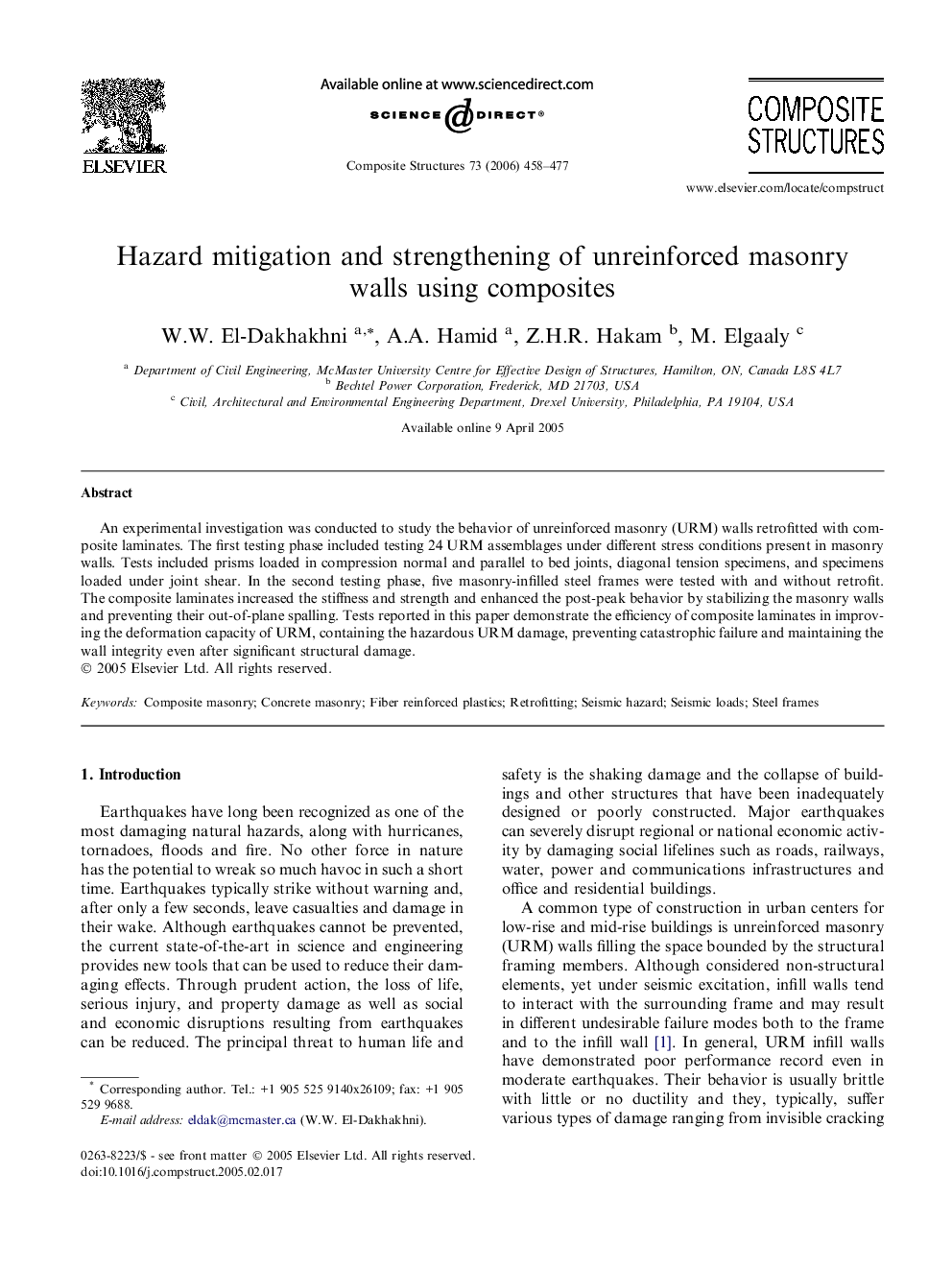 Hazard mitigation and strengthening of unreinforced masonry walls using composites