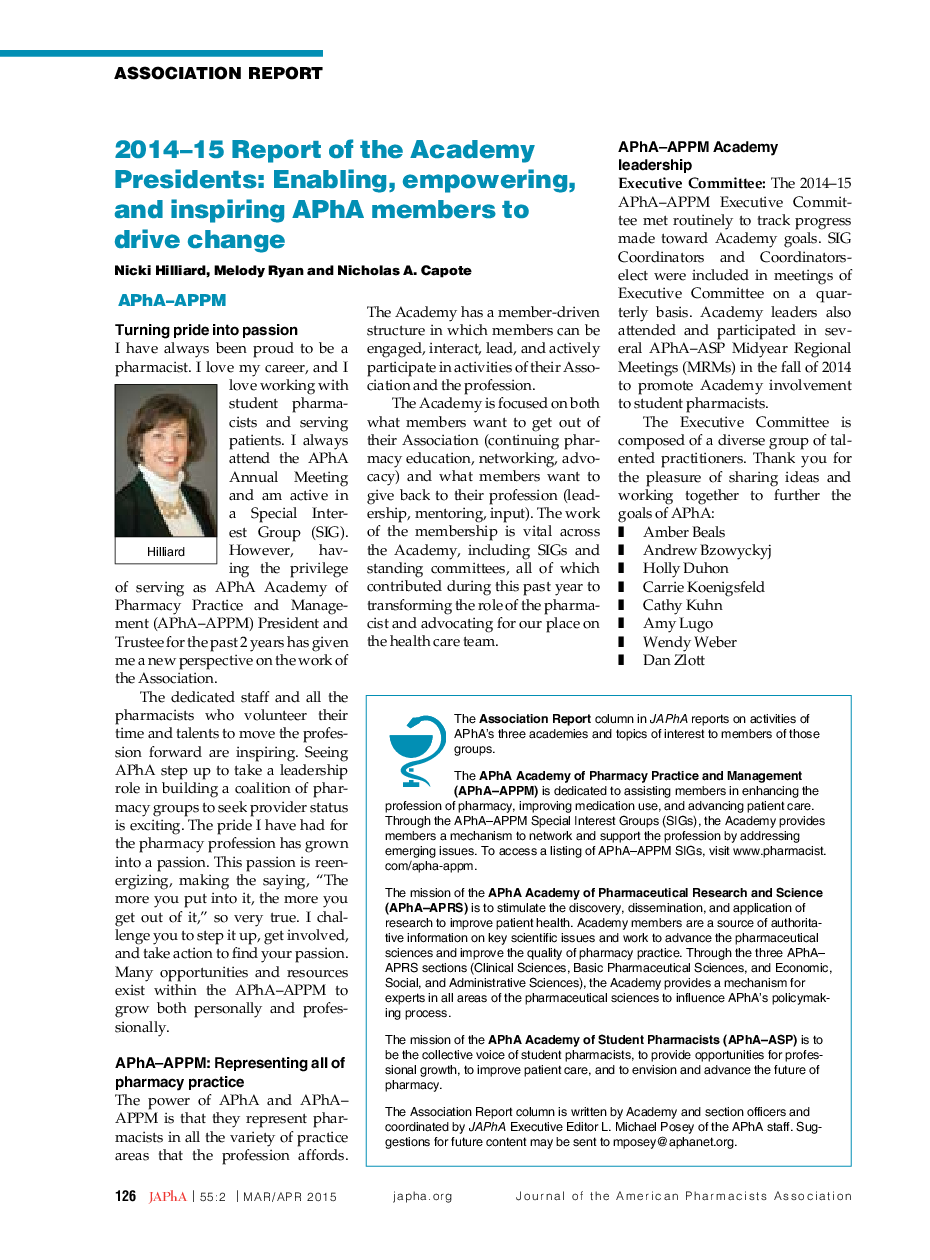 2014-15 Report of the Academy Presidents: Enabling, empowering, and inspiring APhA members to drive change