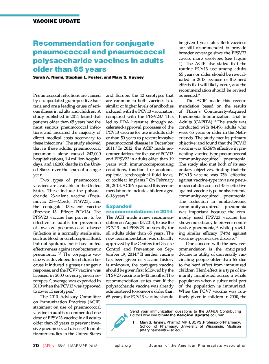 Recommendation for conjugate pneumococcal and pneumococcal polysaccharide vaccines in adults older than 65 years