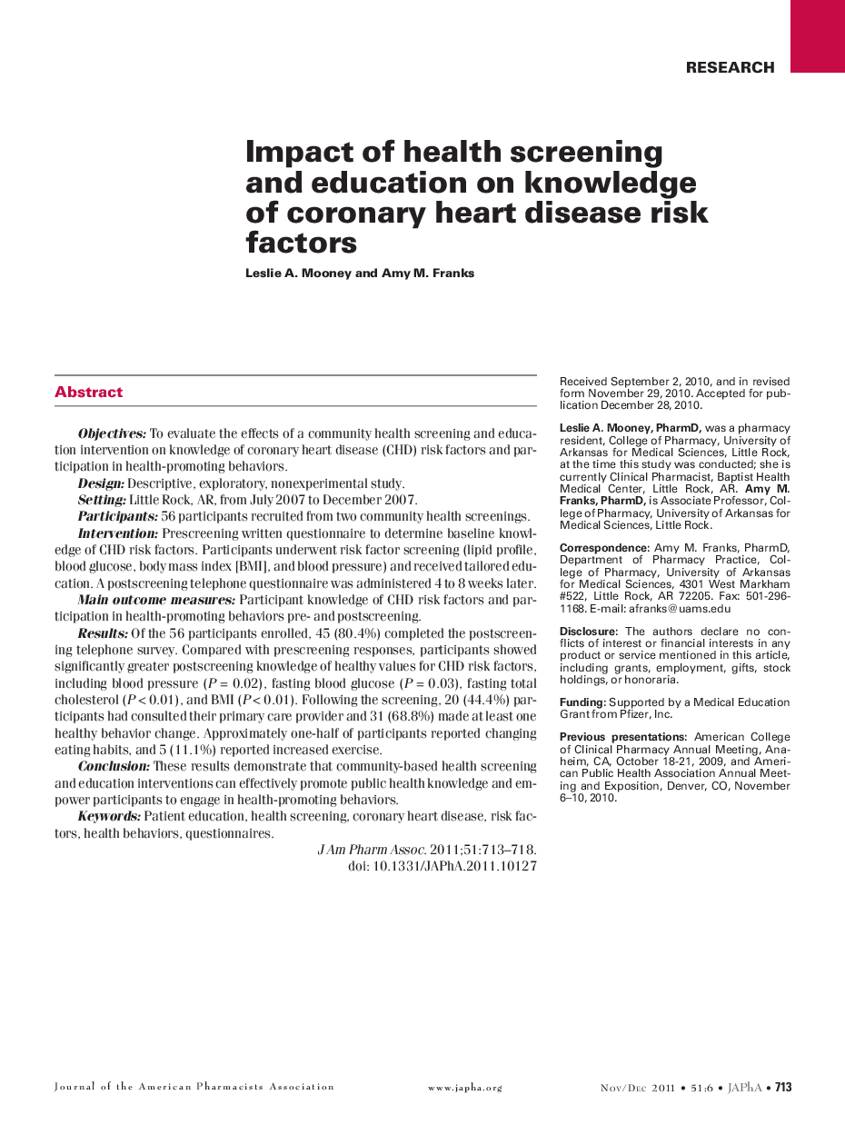 Impact of health screening and education on knowledge of coronary heart disease risk factors