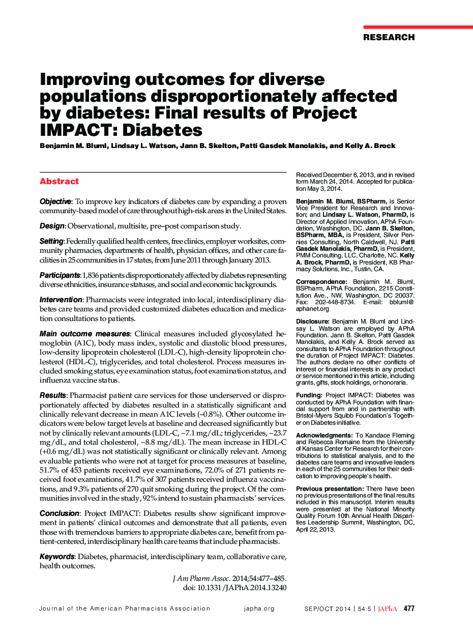 Improving outcomes for diverse populations disproportionately affected by diabetes: Final results of Project IMPACT: Diabetes