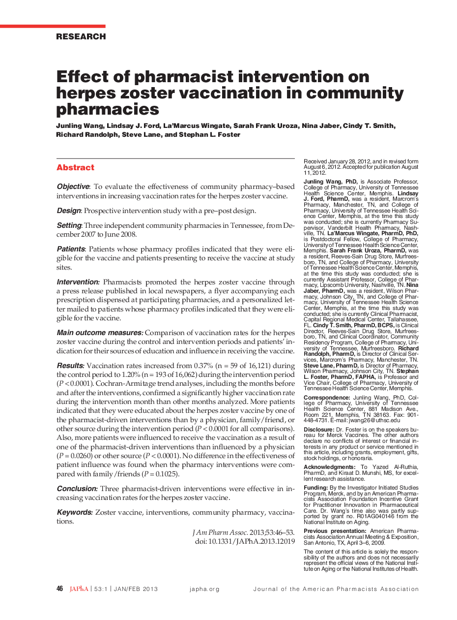 Effect of pharmacist intervention on herpes zoster vaccination in community pharmacies