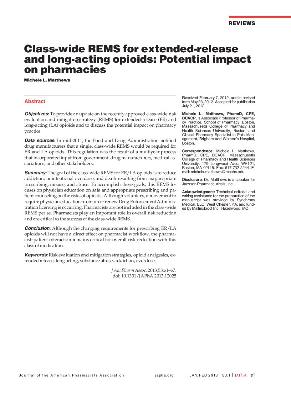 Class-wide REMS for extended-release and long-acting opioids: Potential impact on pharmacies