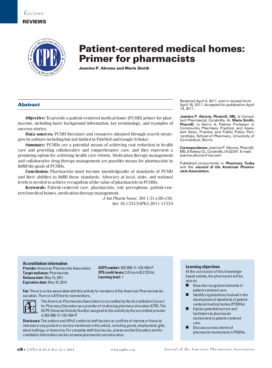 Patient-centered medical homes: Primer for pharmacists