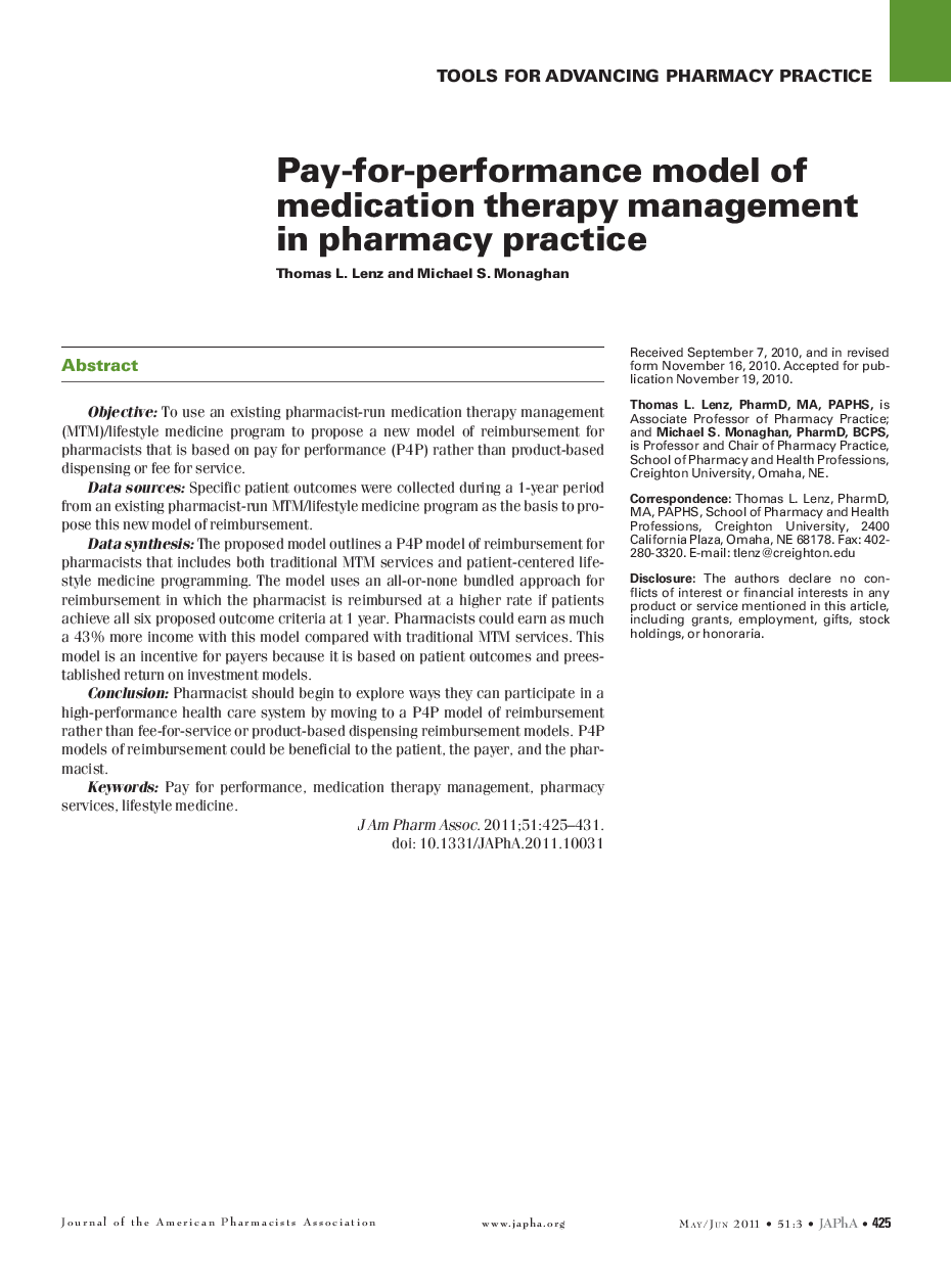 Pay-for-performance model of medication therapy management in pharmacy practice