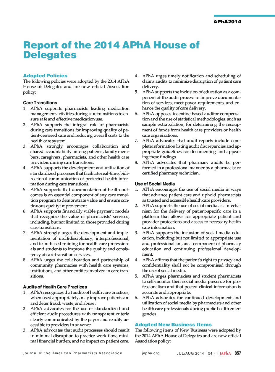 Report of the 2014 APhA House of Delegates