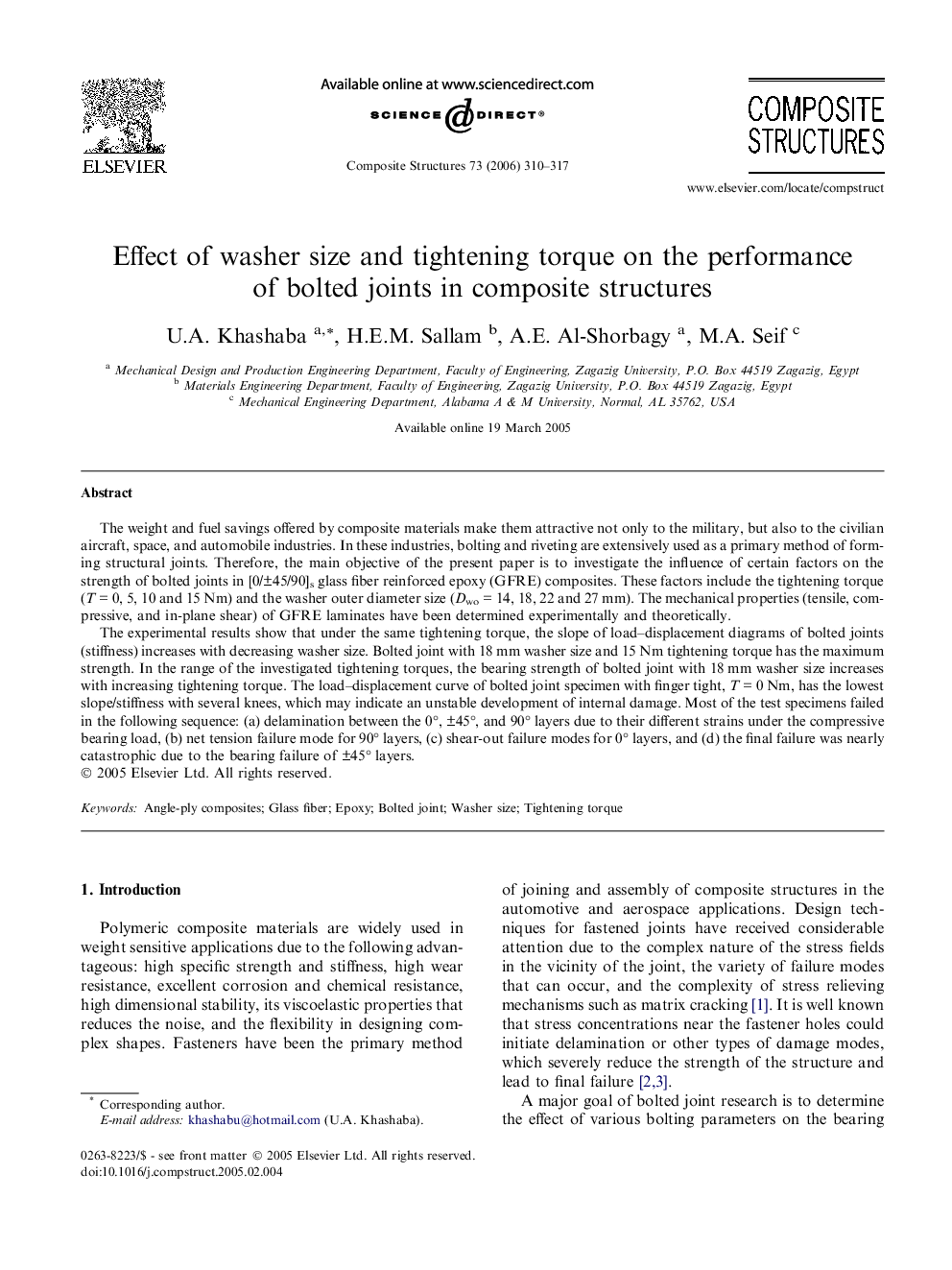 Effect of washer size and tightening torque on the performance of bolted joints in composite structures