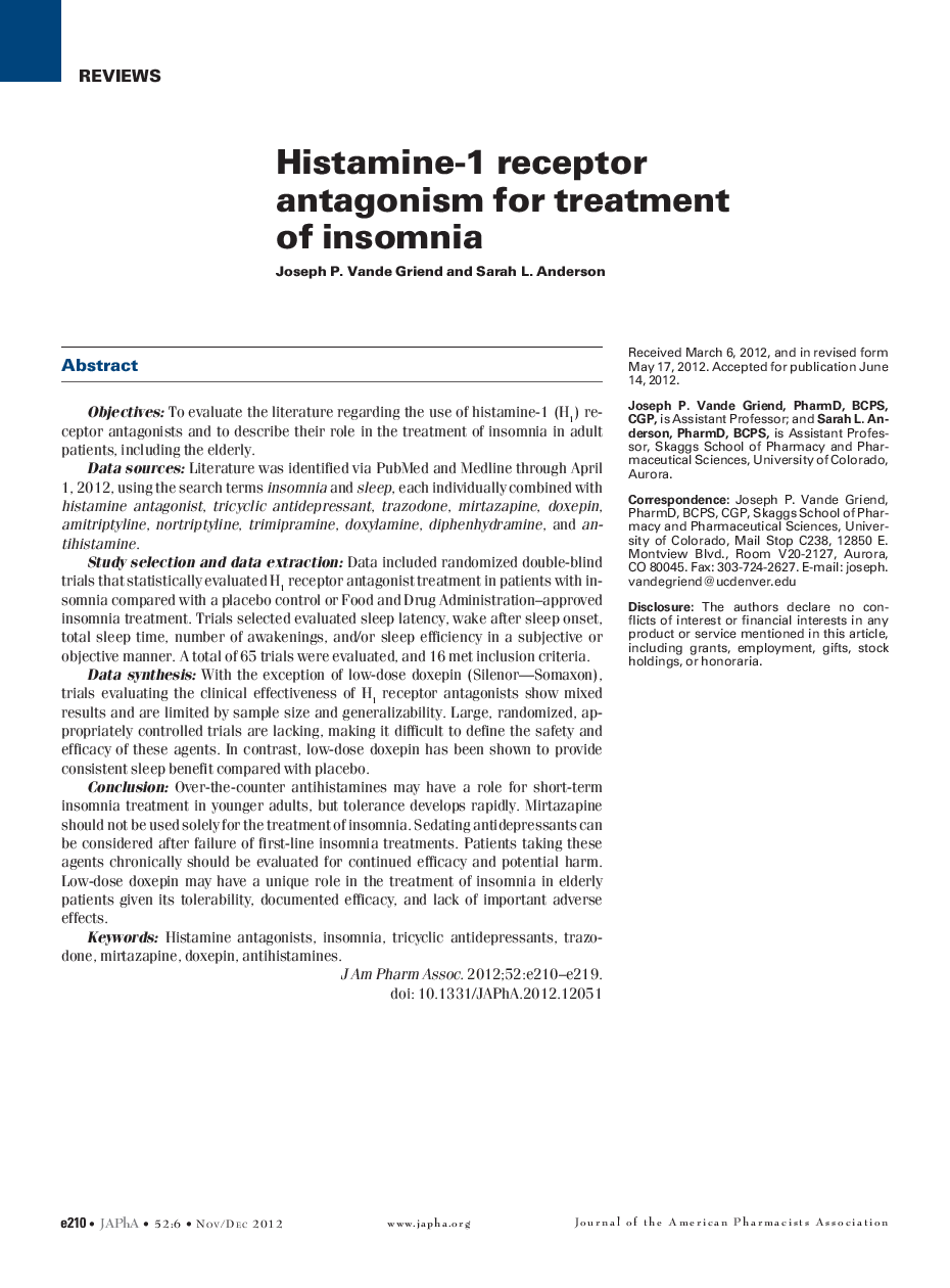 Histamine-1 receptor antagonism forÂ treatment of insomnia