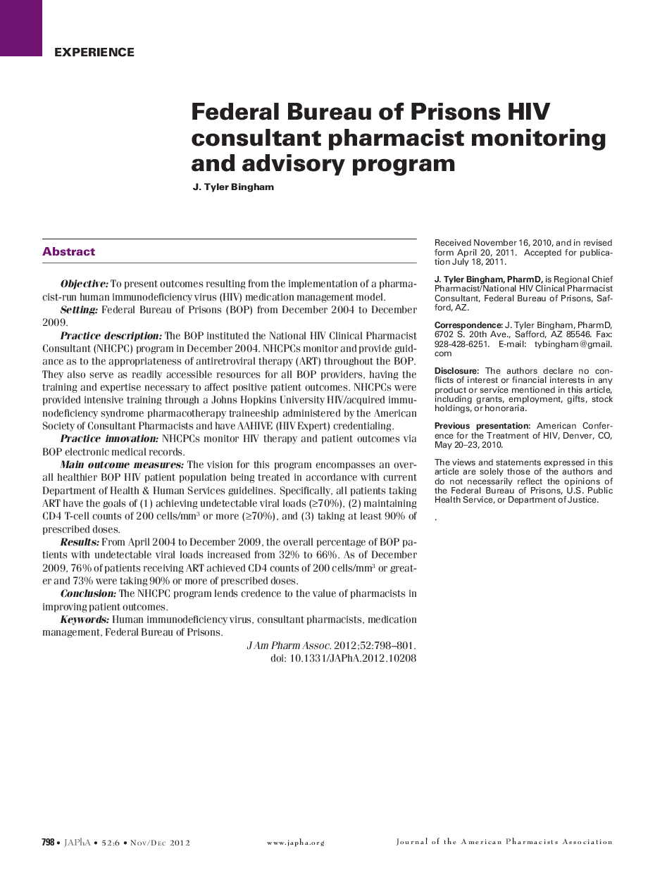 Federal Bureau of Prisons HIV consultant pharmacist monitoring and advisory program