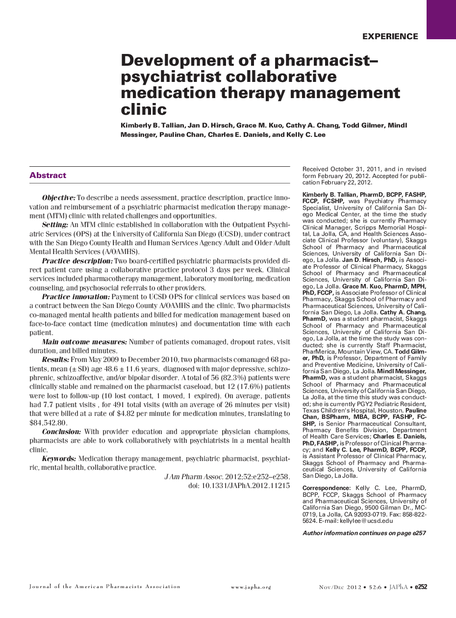 Development of a pharmacist-psychiatrist collaborative medication therapy management clinic