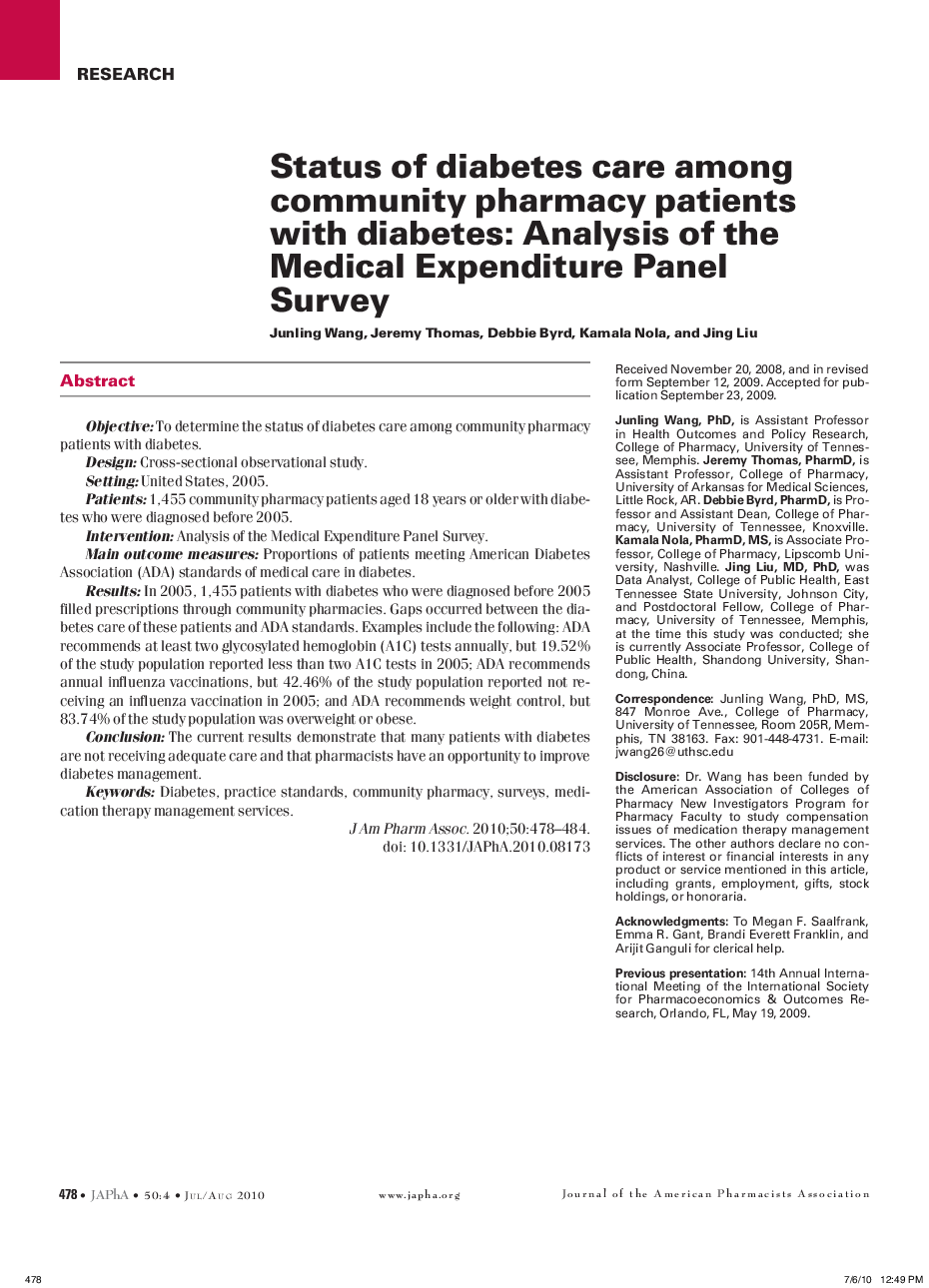 Status of diabetes care among community pharmacy patients with diabetes: Analysis of the Medical Expenditure Panel Survey