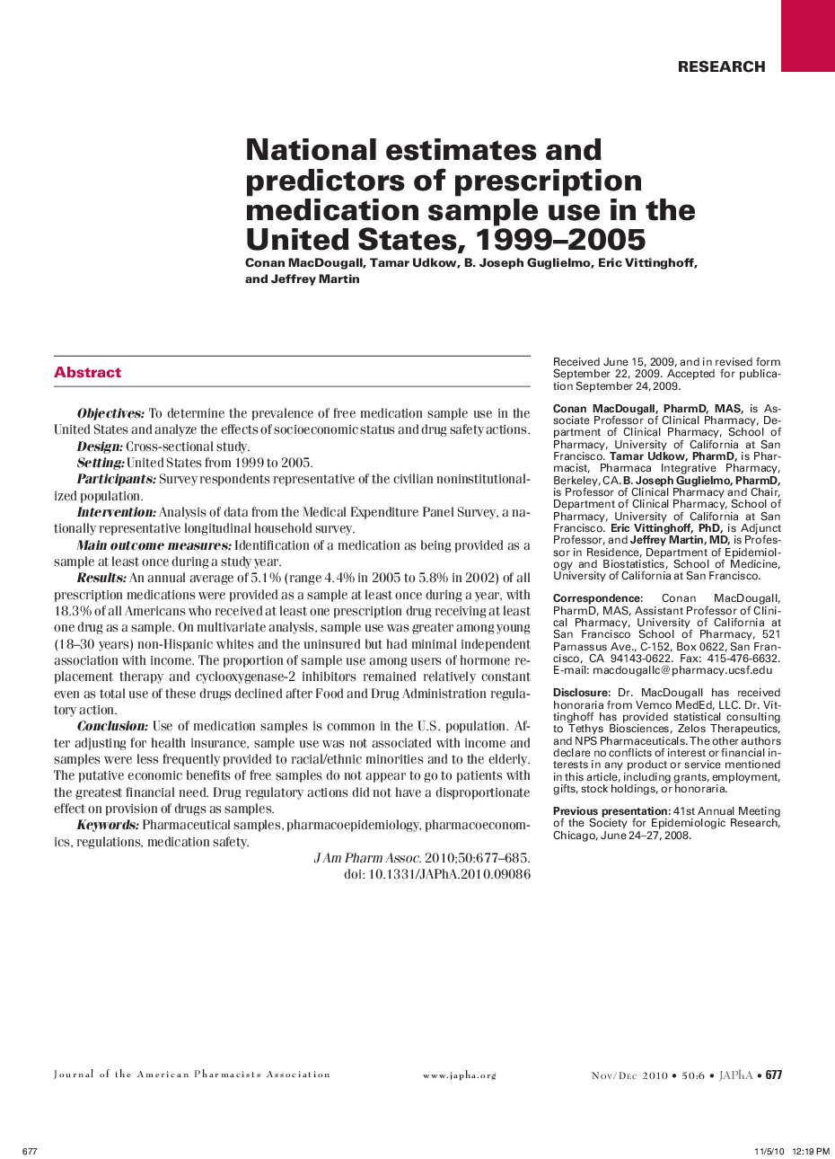 National estimates and predictors of prescription medication sample use in the United States, 1999-2005