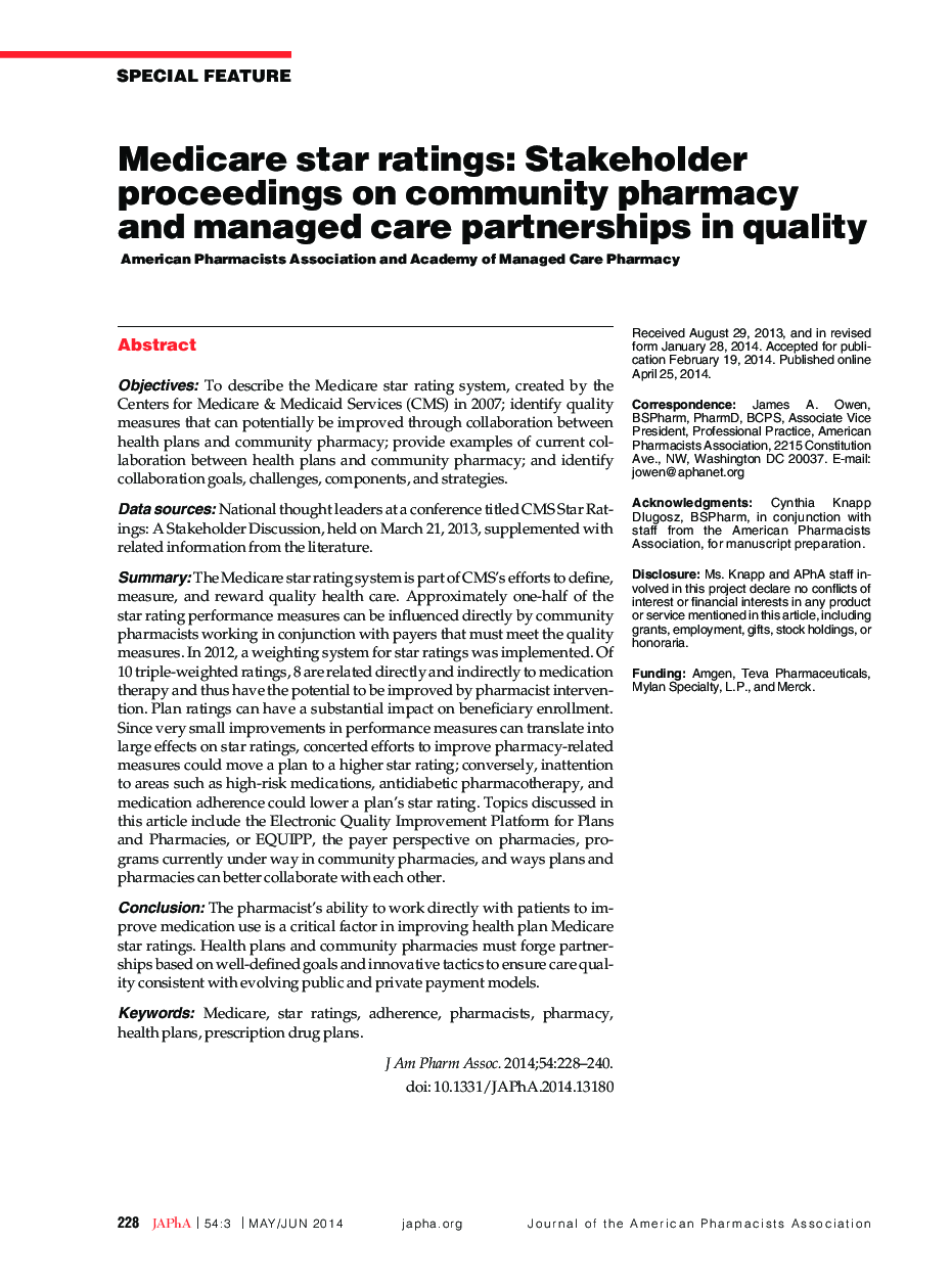 Medicare star ratings: Stakeholder proceedings on community pharmacy and managed care partnerships in quality