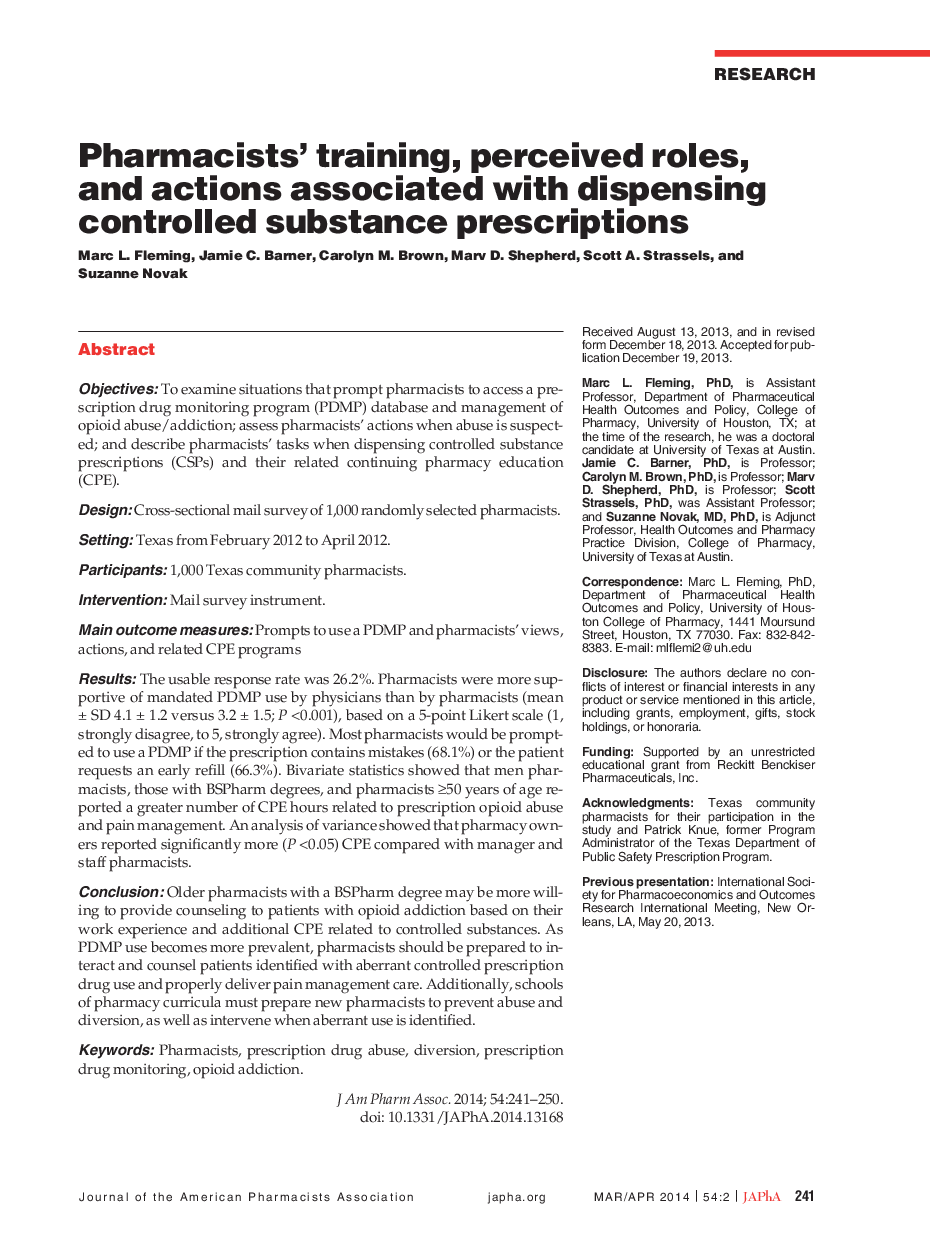 Pharmacists' training, perceived roles, and actions associated with dispensing controlled substance prescriptions