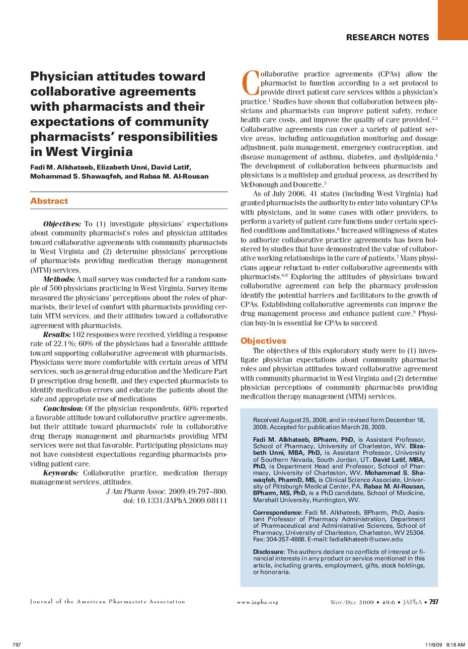 Physician attitudes toward collaborative agreements with pharmacists and their expectations of community pharmacists' responsibilities in West Virginia