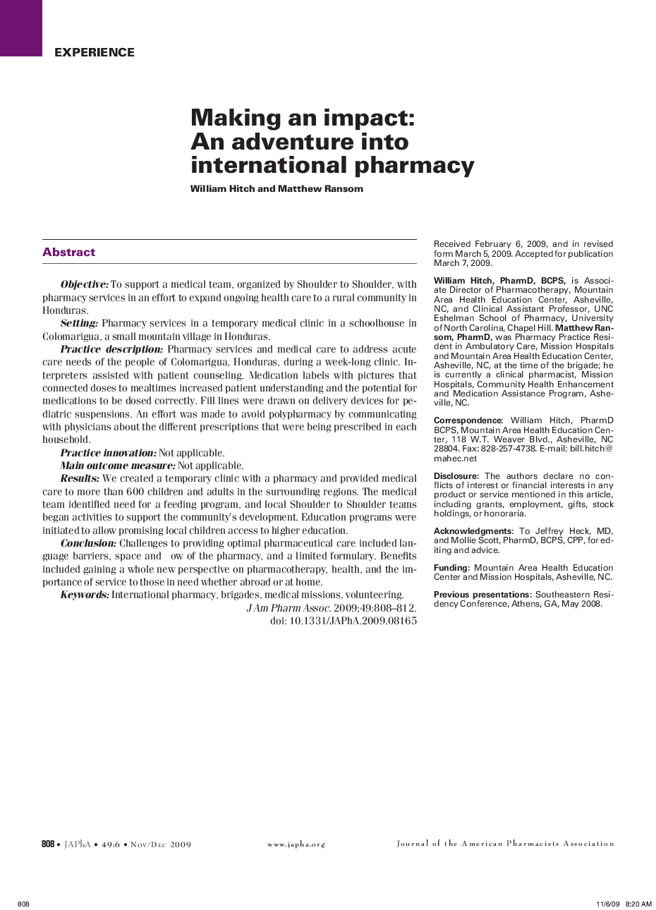 Making an impact: An adventure into international pharmacy