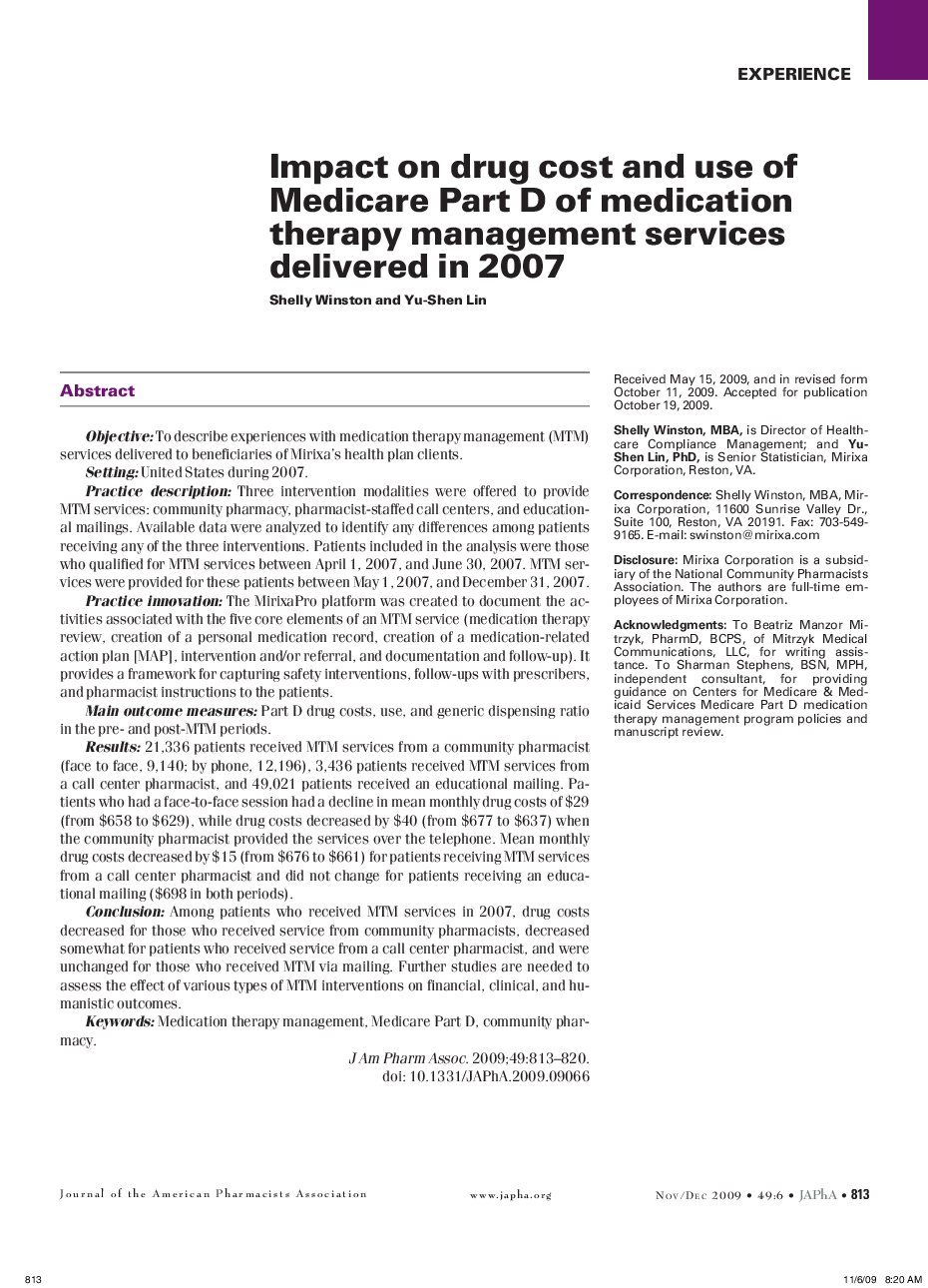 Impact on drug cost and use of Medicare Part D of medication therapy management services delivered in 2007