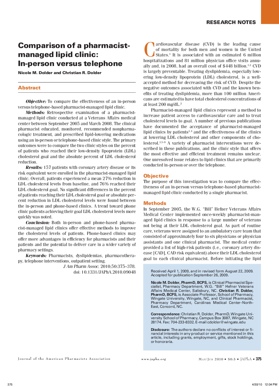 Comparison of a pharmacist-managed lipid clinic: In-person versus telephone