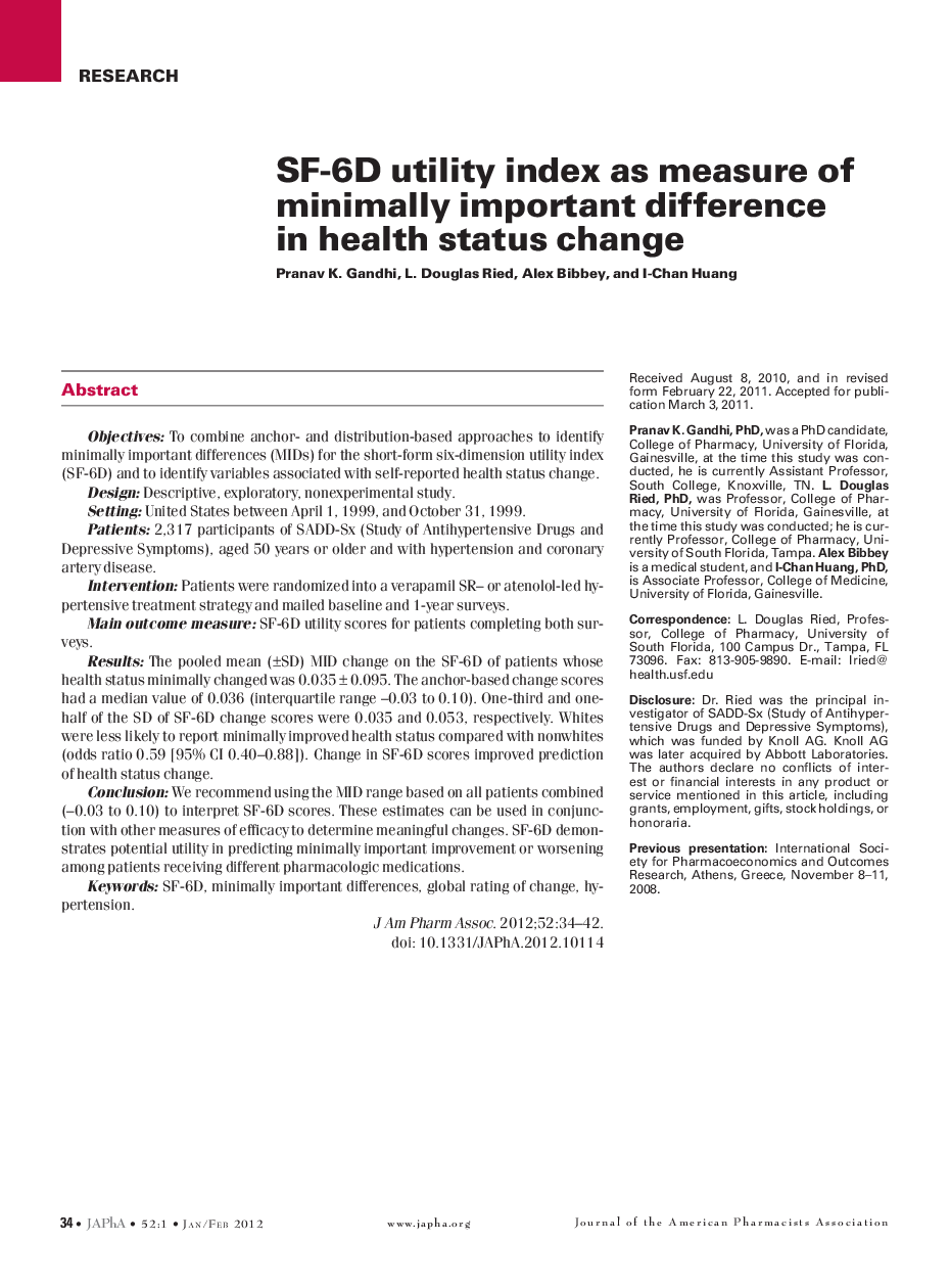 SF-6D utility index as measure of minimally important difference in health status change