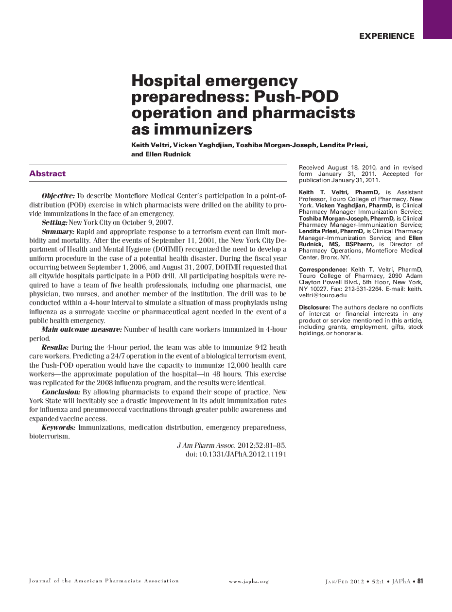 عکس صفحه اول مقاله: Hospital emergency preparedness: Push-POD operation and pharmacists as immunizers Hospital emergency preparedness: Push-POD operation and pharmacists as immunizers