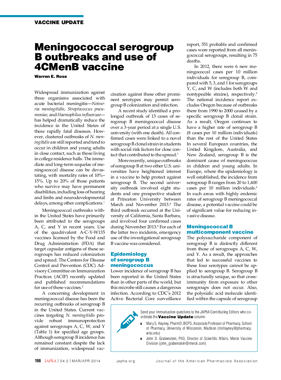 Meningococcal serogroup B outbreaks and use of 4CMenB vaccine