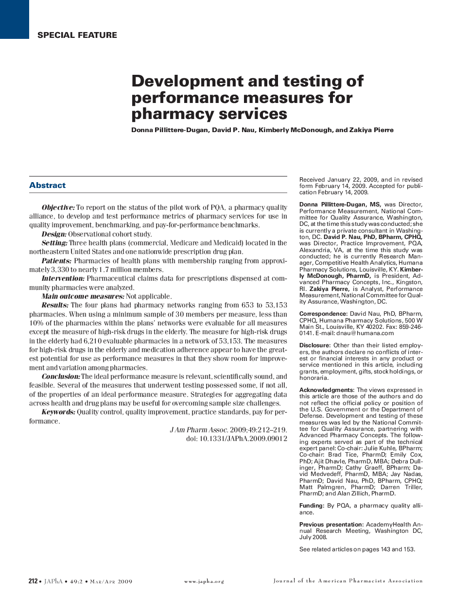 Development and testing of performance measures for pharmacy services