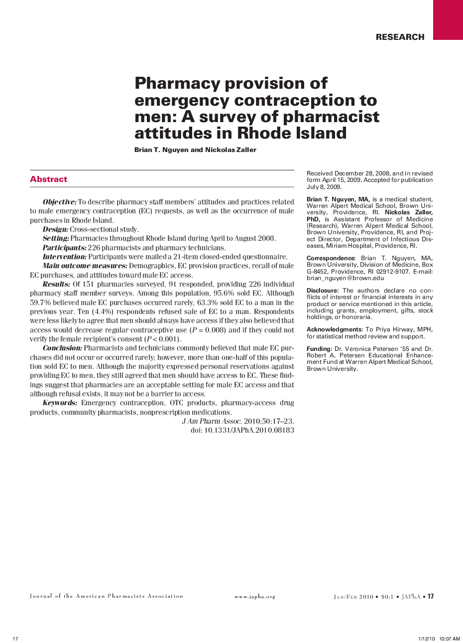 Pharmacy provision of emergency contraception to men: A survey of pharmacist attitudes in Rhode Island