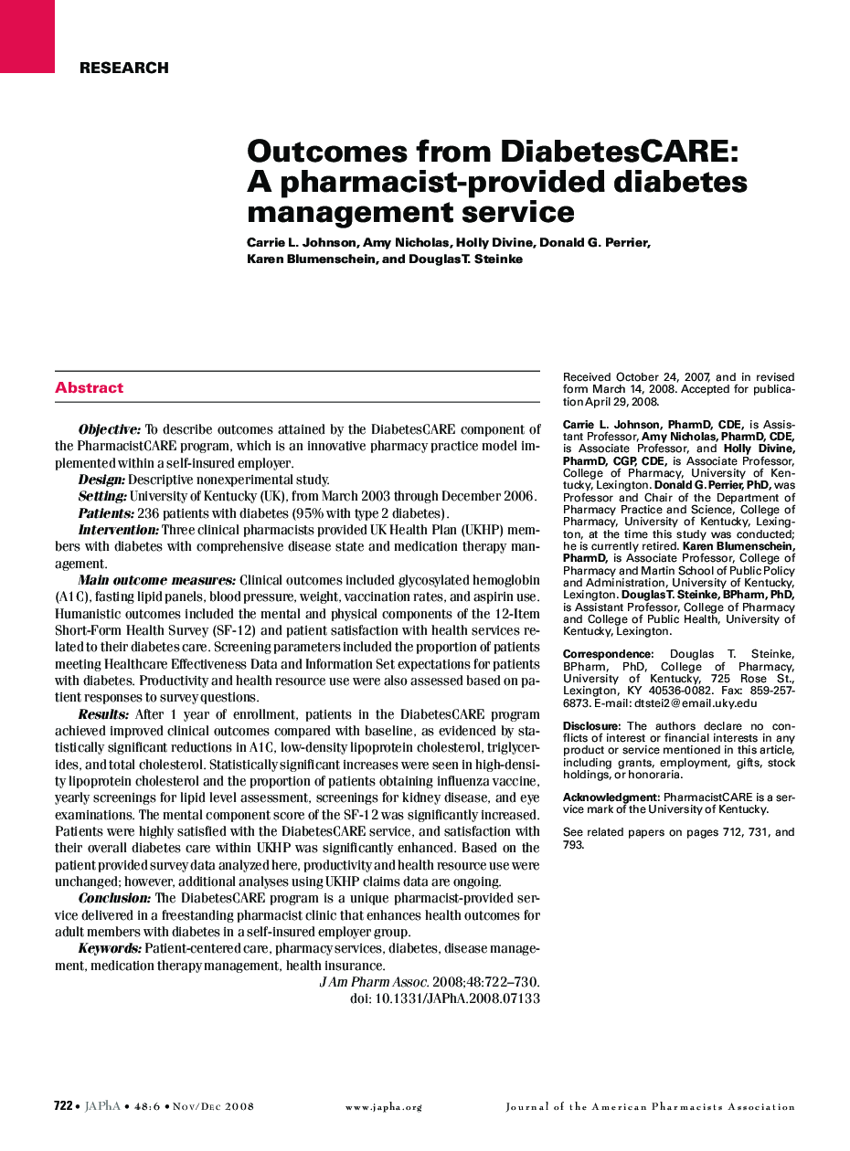 Outcomes from DiabetesCARE: A pharmacist-provided diabetes management service