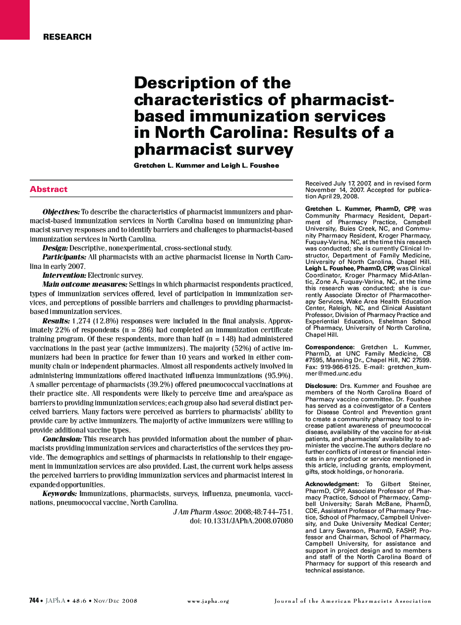 Description of the characteristics of pharmacist-based immunization services in North Carolina: Results of a pharmacist survey
