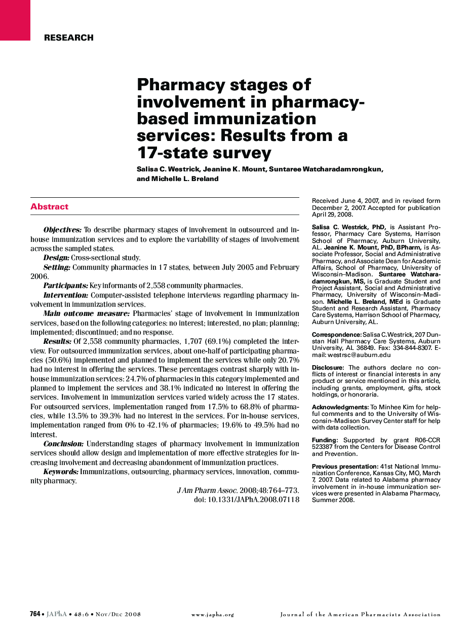 Pharmacy stages of involvement in pharmacy-based immunization services: Results from a 17-state survey