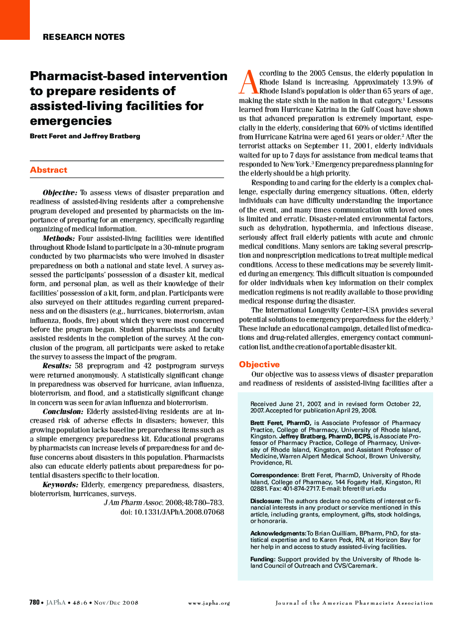 Pharmacist-based intervention to prepare residents of assisted-living facilities for emergencies