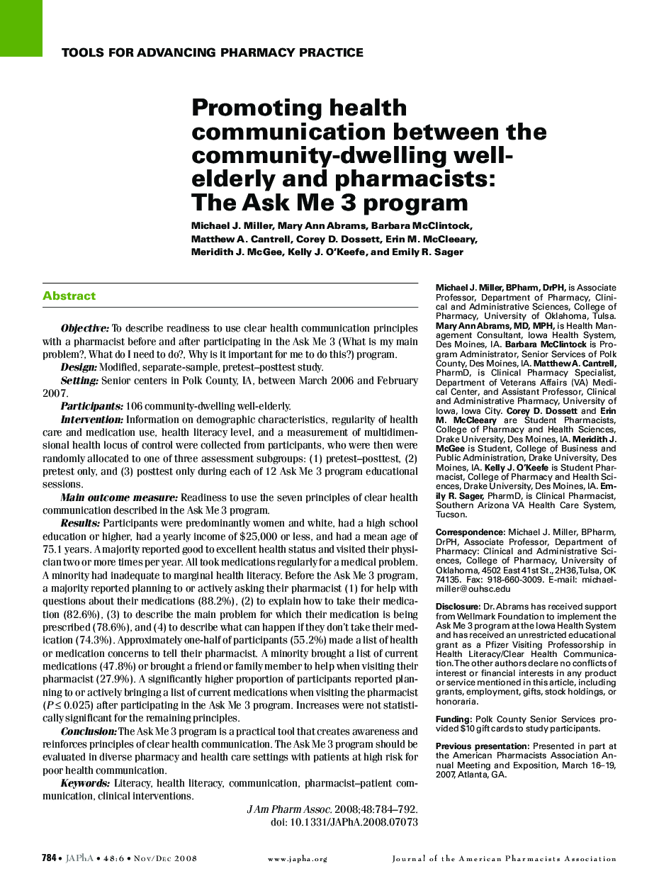 Promoting health communication between the community-dwelling well-elderly and pharmacists: The Ask Me 3 program