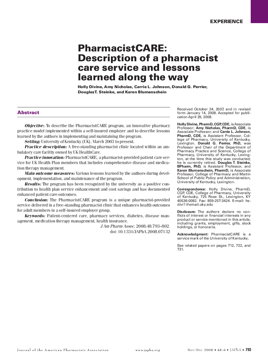 PharmacistCARE: Description of a pharmacist care service and lessons learned along the way