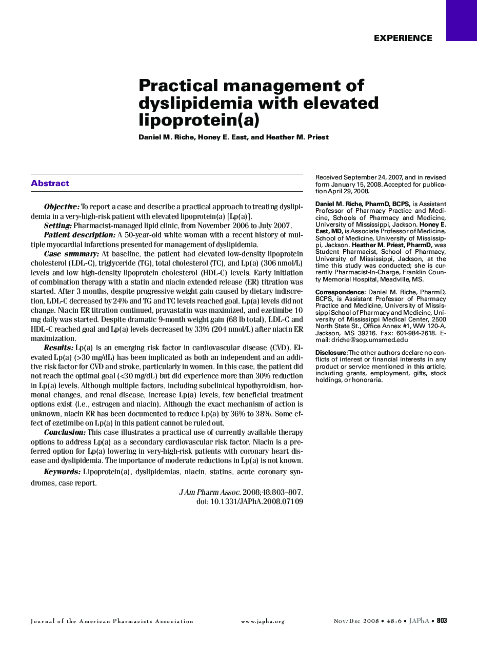 Practical management of dyslipidemia with elevated lipoprotein(a)