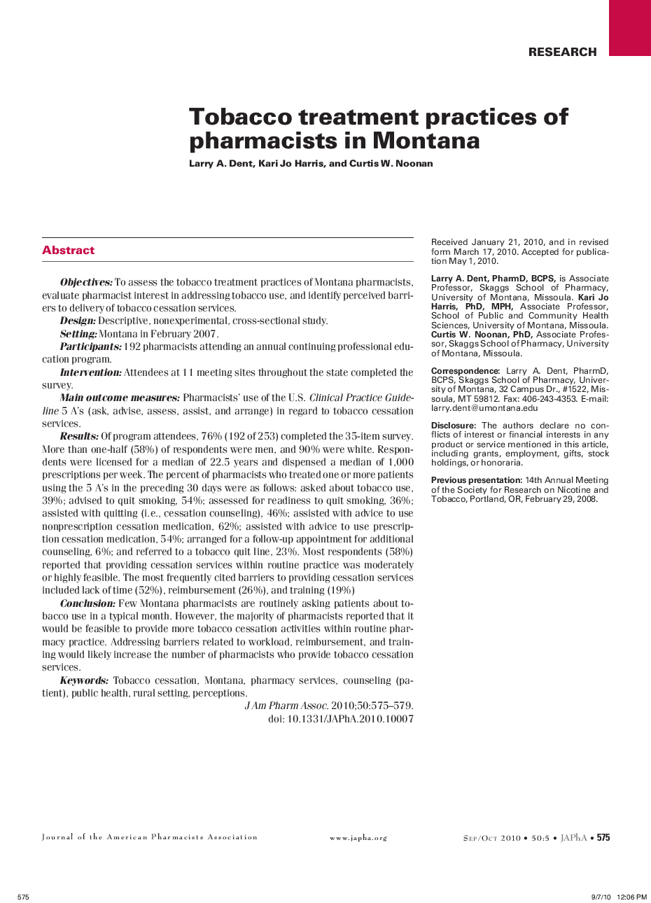 Tobacco treatment practices of pharmacists in Montana