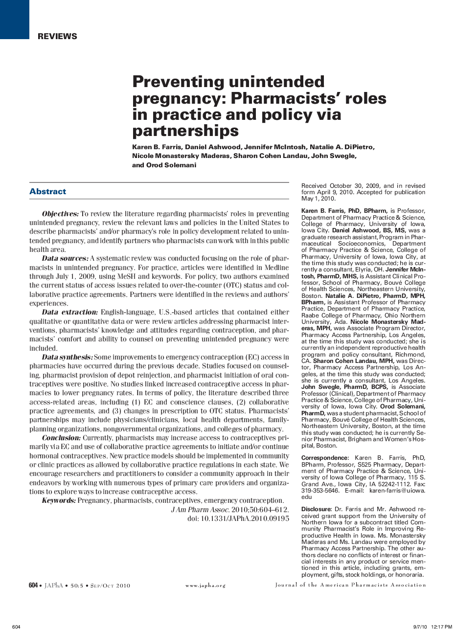 Preventing unintended pregnancy: Pharmacists' roles in practice and policy via partnerships