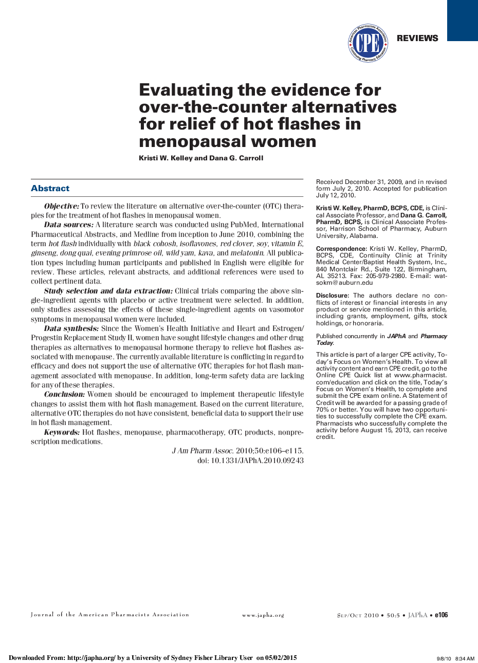 Evaluating the evidence for over-the-counter alternatives for relief of hot flashes in menopausal women