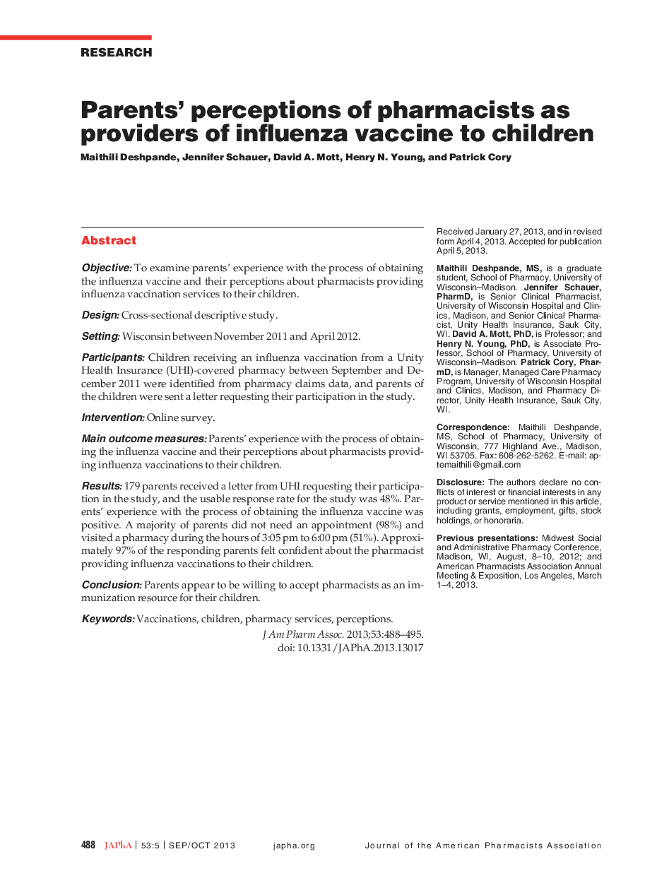 Parents' perceptions of pharmacists as providers of influenza vaccine to children