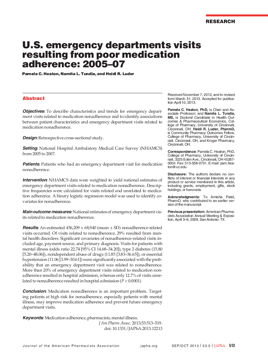 U.S. emergency departments visits resulting from poor medication adherence: 2005-07