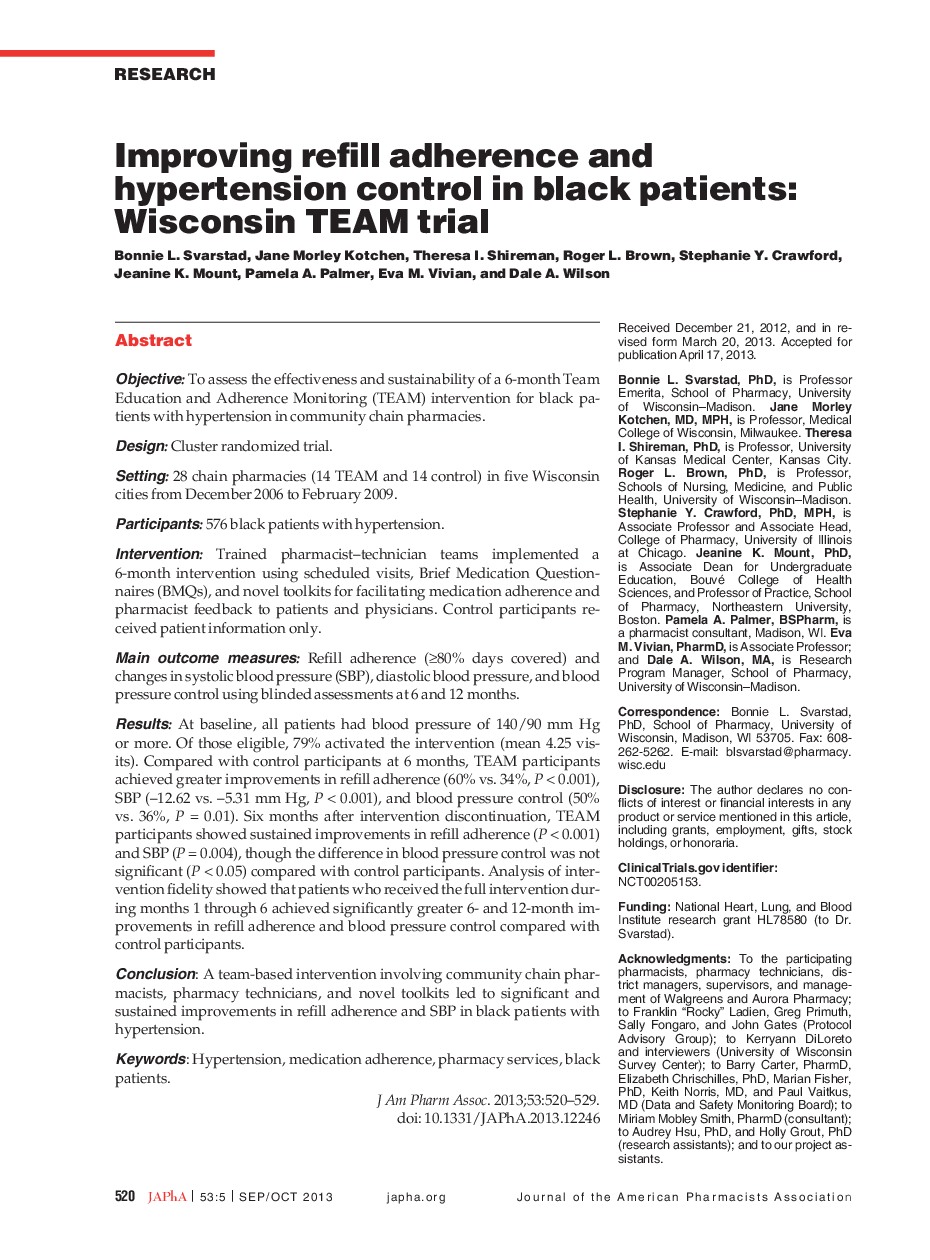 Improving refill adherence and hypertension control in black patients: Wisconsin TEAM trial