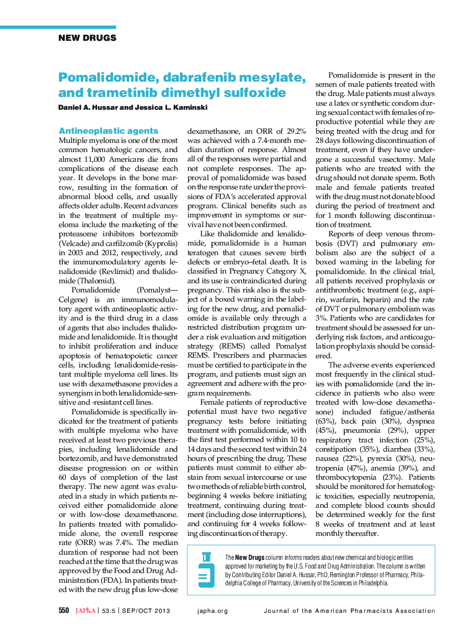 Pomalidomide, dabrafenib mesylate, and trametinib dimethyl sulfoxide